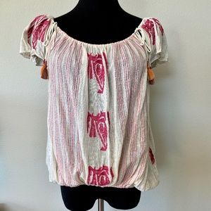 Free People Top, M, cream with pink embroidered design, EUC